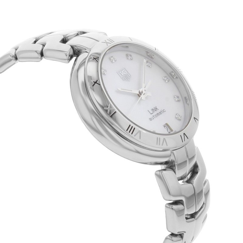 WAT2315.BA0956 שעון טאג הויאר לנשים | דגם אוטומטי חלון אחורי שקוף | לוח לבן פנינה משובץ 11 יהלומים | מלאי מוגבל | שנתיים אחריות |Tag Heuer Link Automatic Movement MOP Dial Ladies Watch WAT2315.BA0956