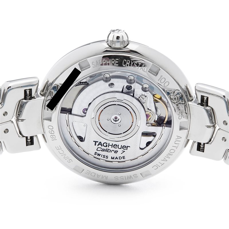 WAT2315.BA0956 שעון טאג הויאר לנשים | דגם אוטומטי חלון אחורי שקוף | לוח לבן פנינה משובץ 11 יהלומים | מלאי מוגבל | שנתיים אחריות |Tag Heuer Link Automatic Movement MOP Dial Ladies Watch WAT2315.BA0956