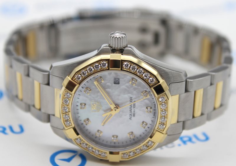 WAY1453.BD0922 שעון יוקרה שווצרי של טאג הויאר לנשים | דגם משולב זהב צהוב 18K בבאזל וברצועה | לוח פנינה משובץ ובאזל 18K משובץ | שנתיים אחריות | מלאי מוגבל | TAG Heuer Aquaracer Ladies Watch WAY1453.BD0