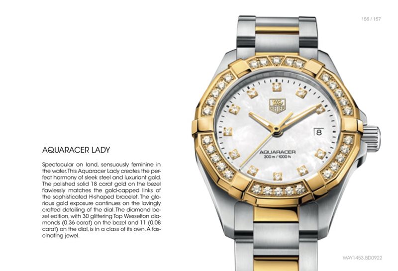 WAY1453.BD0922 שעון יוקרה שווצרי של טאג הויאר לנשים | דגם משולב זהב צהוב 18K בבאזל וברצועה | לוח פנינה משובץ ובאזל 18K משובץ | שנתיים אחריות | מלאי מוגבל | TAG Heuer Aquaracer Ladies Watch WAY1453.BD0