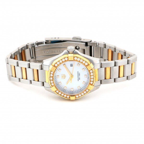 WAY1453.BD0922 שעון יוקרה שווצרי של טאג הויאר לנשים | דגם משולב זהב צהוב 18K בבאזל וברצועה | לוח פנינה משובץ ובאזל 18K משובץ | שנתיים אחריות | מלאי מוגבל | TAG Heuer Aquaracer Ladies Watch WAY1453.BD0