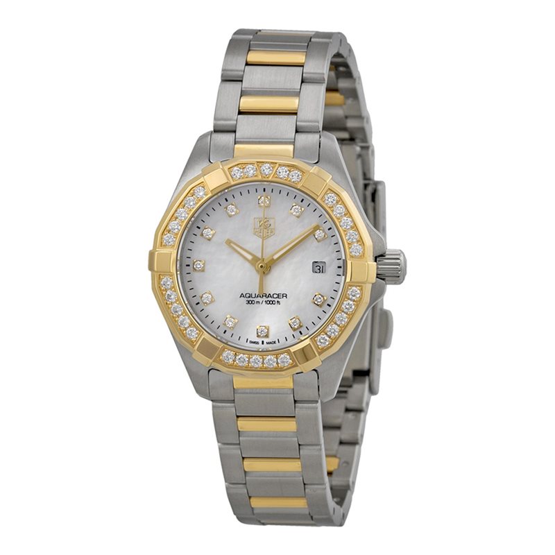 WAY1453.BD0922 שעון יוקרה שווצרי של טאג הויאר לנשים | דגם משולב זהב צהוב 18K בבאזל וברצועה | לוח פנינה משובץ ובאזל 18K משובץ | שנתיים אחריות | מלאי מוגבל | TAG Heuer Aquaracer Ladies Watch WAY1453.BD0