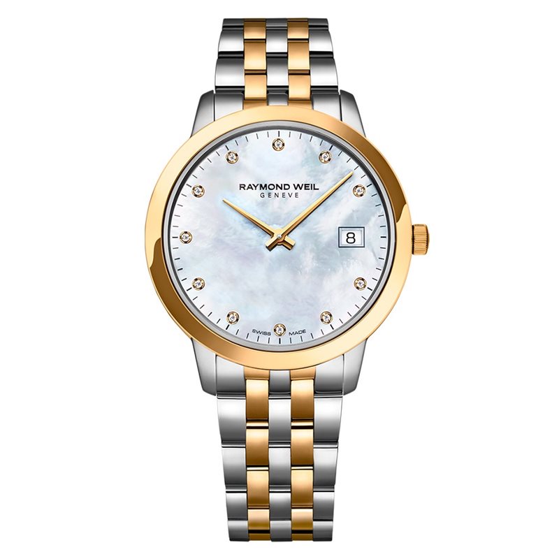 5988-STP-97081 שעון יוקרה לנשים של ריימונד ווייל מסדרת טוקטה | שעון משולב זהב בלוח פנינה משובץ 11 יהלומים ותאריכון | שנתיים אחריות | Ladies Two-Tone Gold 11 Diamond Quartz Watch - Toccata