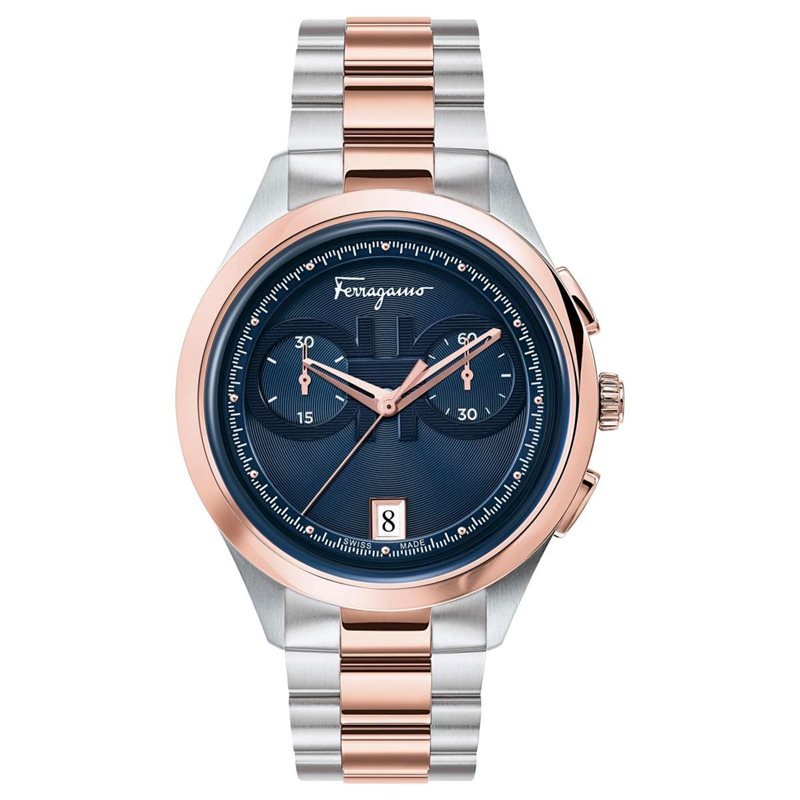 SFYI00421 שעון סבטורה פרגמו שוויץ | דגם מושלם לגברים בשילוב צבעים מיוחד של רוז גולד ולוח כחול |שעון כרונוגרף כולל שנתיים אחריות | שעוני יוקרה לגבר במבצע | Mens Stainless Steel Salvatore Ferragamo Watc