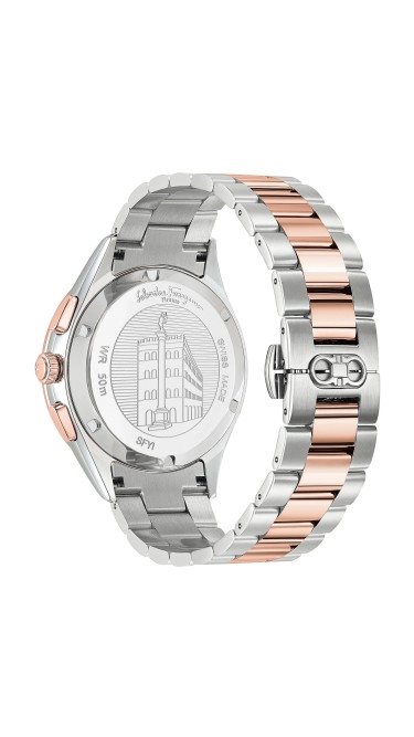 SFYI00421 שעון סבטורה פרגמו שוויץ | דגם מושלם לגברים בשילוב צבעים מיוחד של רוז גולד ולוח כחול |שעון כרונוגרף כולל שנתיים אחריות | שעוני יוקרה לגבר במבצע | Mens Stainless Steel Salvatore Ferragamo Watc