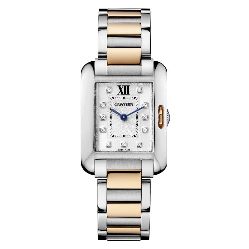 WT100024 שעון יוקרה של קרטייה יד 2 לנשים | דגם טנק אנגלייז טוטון רוז גולד 18K לוח משובץ יהלומים | שעון במצב חדש כולל כל התעודות ושנה אחריות | Cartier Tank Anglaise Small Silver Dial Stainless Steel 18