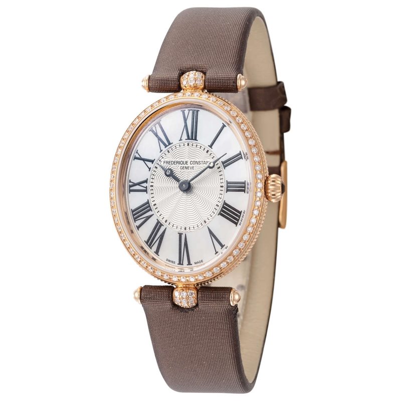 FC-200MPW2VD9 שעון יד מיוחד של פרדריק קונסטנט לאישה | דגם זהב 18K רוז גולד משובץ יהלומים בכל הבאזל | רצועת סאטן מיוחדת למראה קלאסי ואלגנטי מלאי מוגבל Classic Art Deco 18k Rose Gold Diamond Quartz