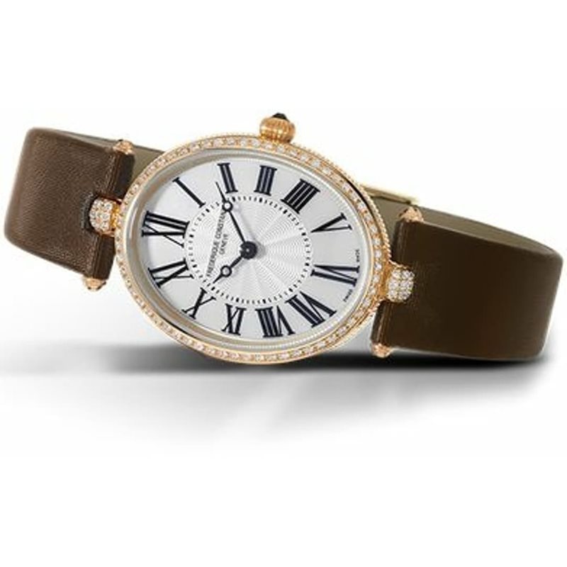 FC-200MPW2VD9 שעון יד מיוחד של פרדריק קונסטנט לאישה | דגם זהב 18K רוז גולד משובץ יהלומים בכל הבאזל | רצועת סאטן מיוחדת למראה קלאסי ואלגנטי מלאי מוגבל Classic Art Deco 18k Rose Gold Diamond Quartz