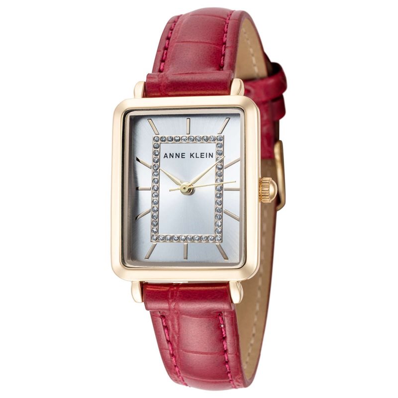 AK-3820GPRD שעון אן קליין אופנתי מיוחד לאישה | דגם מלבני מיוחד ברצועת עור אדומה | לוח זרקונים | חנות שעוני אופנה בראשון לציון | Anne Klein Dress Watch AK/3820GPRD