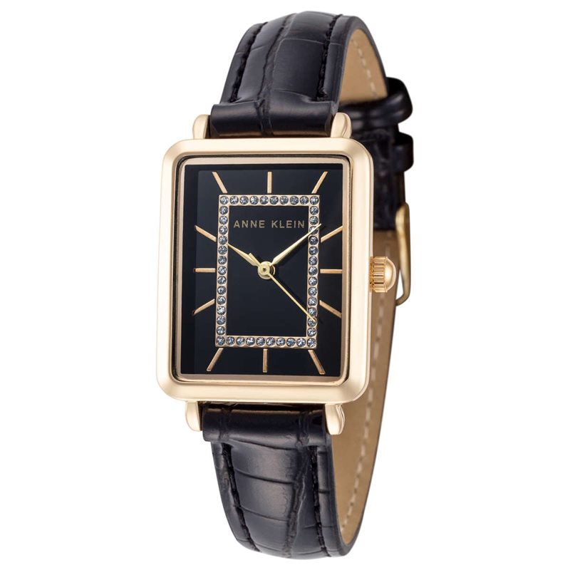 AK-3820GPBK שעון אן קליין מלבני במסגרת זהב | לוח ורצועה שחורים | שעון אלגנטי קלאסי לנשים | שנתיים אחריות | Anne Klein Glitter Accent WOMEN';S Watch AK-3820GPBK
