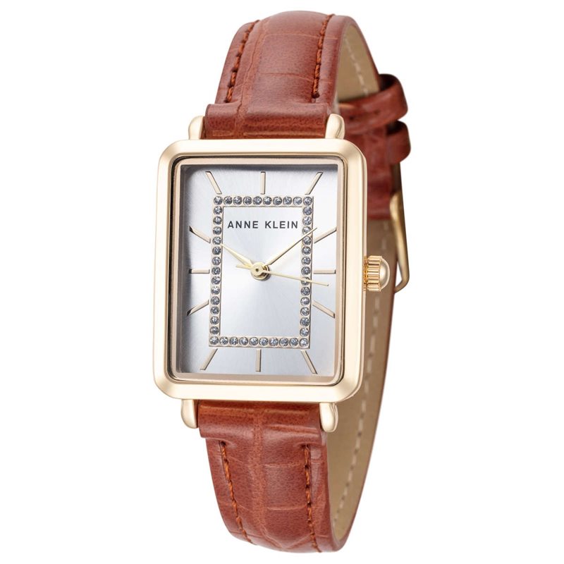 AK-3820GPHY שעון יד מלבני של אן קליין לנשים | שעון זהב ברצועת עור חומה קלאסית | שנתיים אחריות | Anne Klein Women';s Glitter Accented Croco-Grain Strap AK-3820GPHY