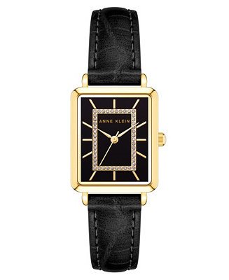 AK-3820GPBK שעון אן קליין מלבני במסגרת זהב | לוח ורצועה שחורים | שעון אלגנטי קלאסי לנשים | שנתיים אחריות | Anne Klein Glitter Accent WOMEN';S Watch AK-3820GPBK