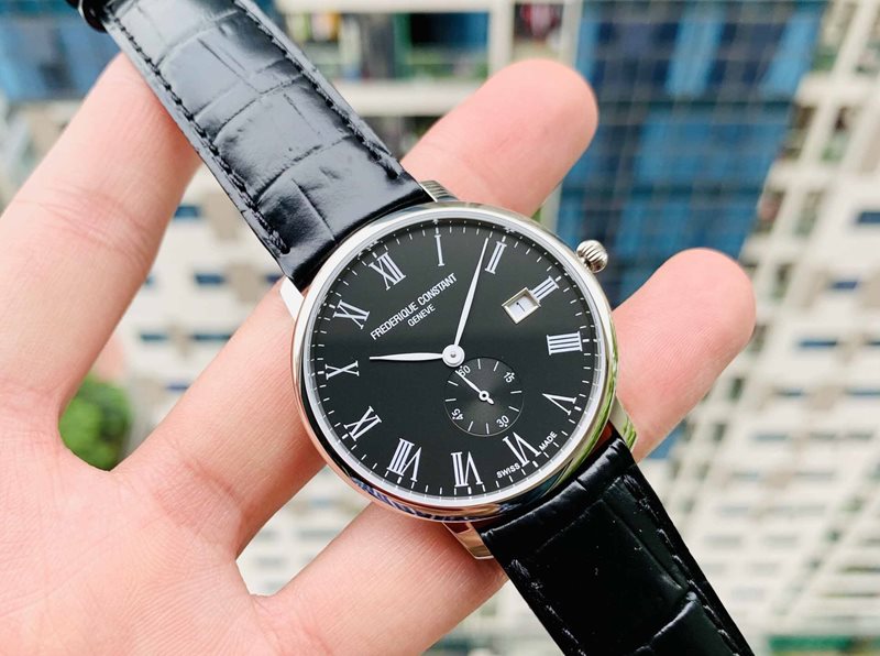 FC-245BR5S6 שעון יד של פרדריק קונסטנט בלוח שחור מיוחד עם ספרות רומיות | דגם אלגנטי רק 5 מ';';מ עובי | שנתיים אחריות |Slimline Black Dial Men';s Watch FC-245BR5S6 by Frederique Constan