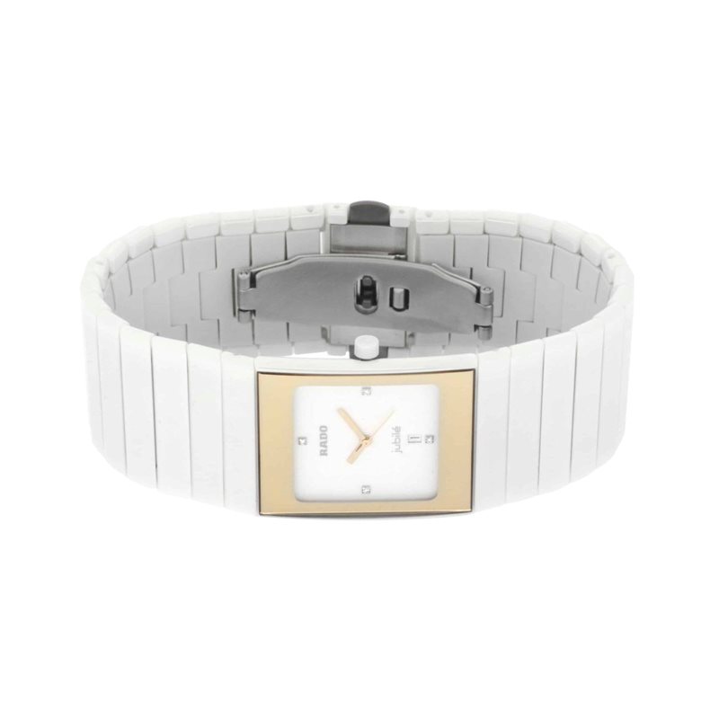 R21984702 שעון יוקרתי יוניסקס 27 מ';';מ של ראדו שוויץ | דגמם קרמיקה לבן משובץ 4 יהלומים | שנתיים אחריות | מסגרת זהב | Rado Ceramica Jubile R21984702