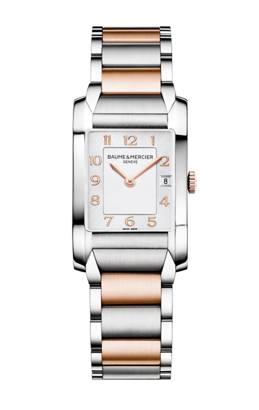 10108 שעון זהב באום מרסייה לנשים | דגם משולב זהב רוז 18K | שעון שווצרי יוקרתי מלבני בלוח כסוף מספרים | מלאי מוגבל | שנתיים אחריות | Baume & Mercier HAMPTON Silver colored/18 carat rose gold MOA101