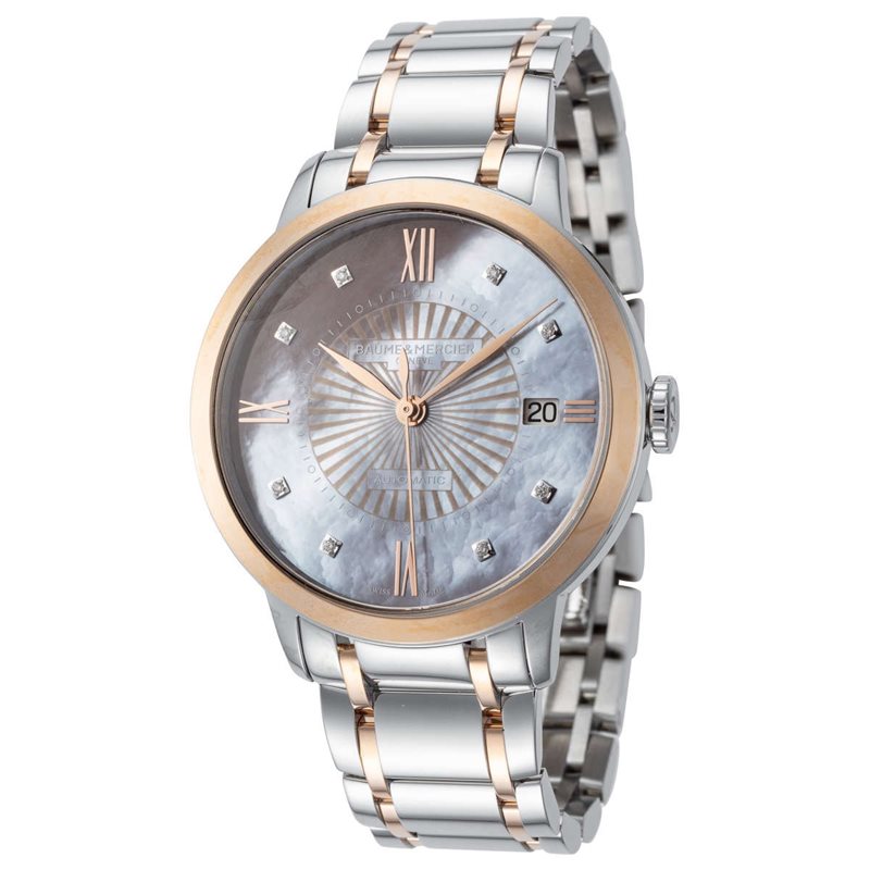 10297 שעון יוקרה של באום מרסייה לאישה 18K | דגם אוטומטי משובץ 8 יהלומים בלוח פנינה חום/אפור מיוחד | רצועה ובאזל מזהב 18K מלאי מוגבל | שנתיים אחריות Baume & Mercier Classima Automatic 36mm MOA10297