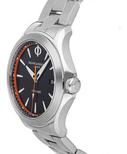 10412 שעון יוקרה של באום מרסייה לגברים | דגם בלוח שחור וכתום | מחוגים ואינדקס זוהרים בחושך | כולל שנתיים אחריות | מלאי מוגבל | Baume & Mercier Clifton Club Quartz Black Dial Stainless Steel 10412