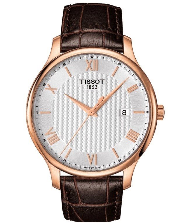 T063.610.36.038.00 שעון דק מושלם לגברים בלוח מיוחד רומי | שעון רוז גולד ברצועת עור אלגנטית | שעון שצווצרי במבצע | אחריות יבואן ל 3 שנים |Tissot T-Classic Tradition Watch T0636103603800