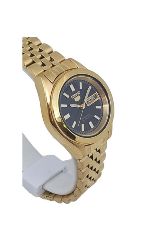 SYMA40K שעון סייקו 5 לנשים | דגם קלאסי אוטומטי בלוח שחור | תאריכון כפול כולל ימים | שעון מיני ברצועת זהב | שנתיים אחריות | Seiko 5 Classic Ladies Size Black Dial Gold Plated SYMA40K1