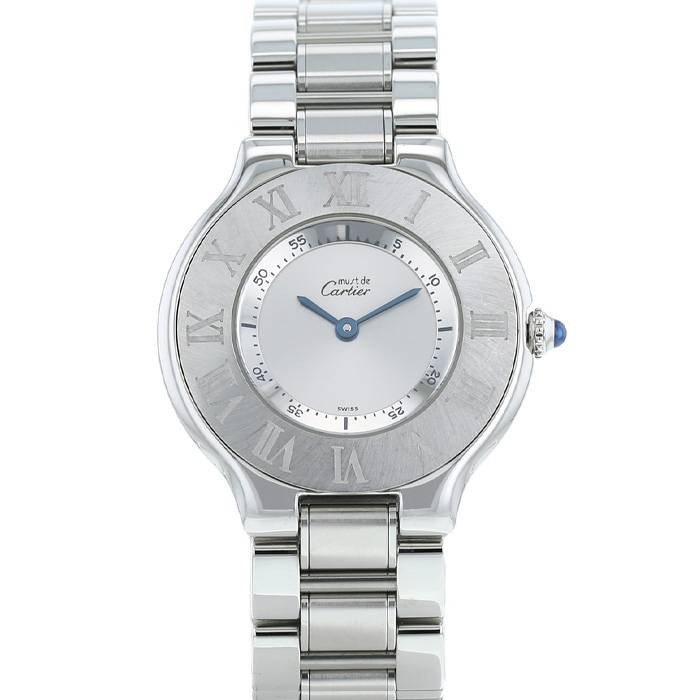 W10109T2 שעון קרטייה מאסט 21 לאישה יד שנייה שמור ספיר כחולה ומחוגים כחולים בלוח כסוף כולל שנה אחריות | שעוני יוקרה יד 2 |Cartier Midsize W10110T2 Must 21 Stainless Steel Watch