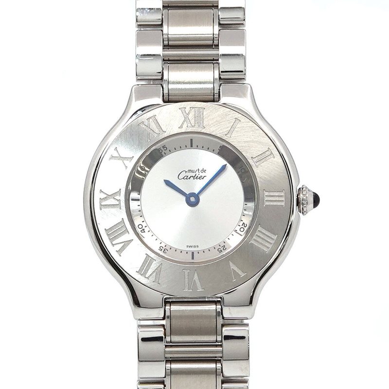 W10109T2 שעון קרטייה מאסט 21 לאישה יד שנייה שמור ספיר כחולה ומחוגים כחולים בלוח כסוף כולל שנה אחריות | שעוני יוקרה יד 2 |Cartier Midsize W10110T2 Must 21 Stainless Steel Watch