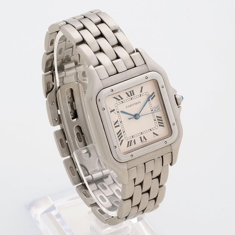 1300 שעון קרטייה פנתר יד 2 במצב מצויין הדגם הגדול לארג דגם יוניסקס בלוח רומי לבן | שעון יוקרה יד שנייה כולל שנה אחריות | Cartier Panthere Jumbo Reference 1300 Stainless Steel