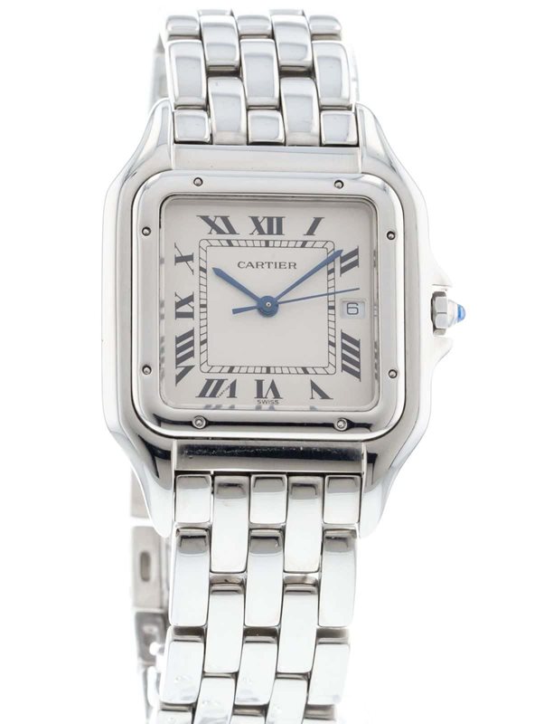 1300 שעון קרטייה פנתר יד 2 במצב מצויין הדגם הגדול לארג דגם יוניסקס בלוח רומי לבן | שעון יוקרה יד שנייה כולל שנה אחריות | Cartier Panthere Jumbo Reference 1300 Stainless Steel