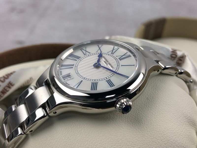 FC-306MPWN3ER6B שעון יוקרה לנשים של פרדריק קונסטנט שוייץ | לוח רומי פנינה כסוף וכחול | מנגנון אוטומטי | שנתיים אחריות | Frederique Constant Automatic Silver Dial Women';s Watch FC-306MPWN3ER6B