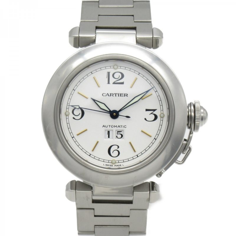 2475 שעון קרטייה פאשה יד 2 סט מלא במצב מצויין אוטומטי ביג דייט יוניסקס 35 מ';';מ | לוח לבן מחוגים כחולים | שנתיים אחריות Cartier Pasha 2475 White Dial Steel Watch
