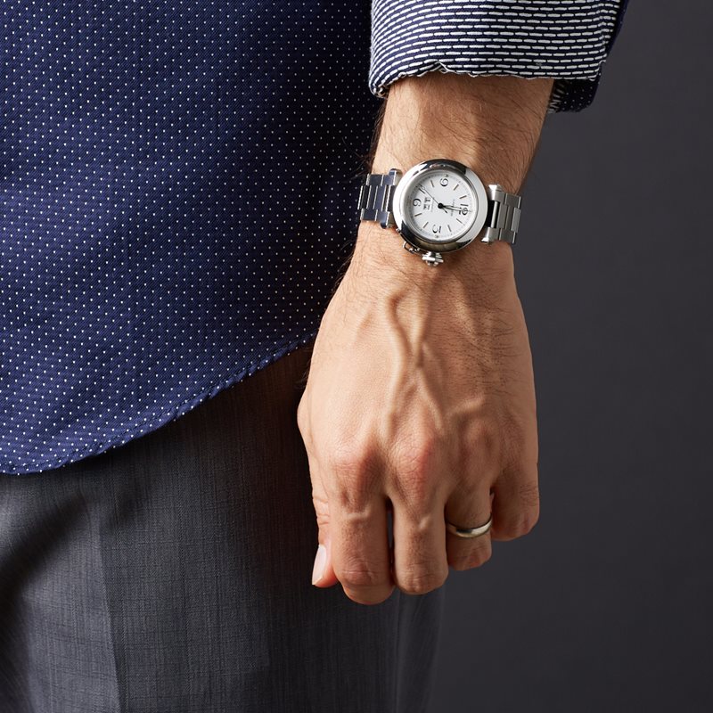 2475 שעון קרטייה פאשה יד 2 סט מלא במצב מצויין אוטומטי ביג דייט יוניסקס 35 מ';';מ | לוח לבן מחוגים כחולים | שנתיים אחריות Cartier Pasha 2475 White Dial Steel Watch