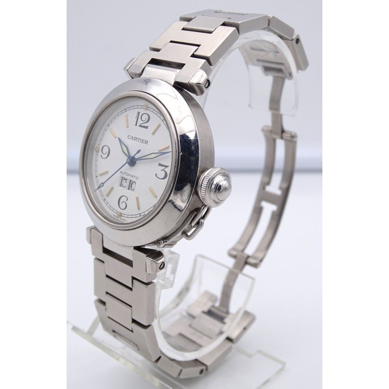 2475 שעון קרטייה פאשה יד 2 סט מלא במצב מצויין אוטומטי ביג דייט יוניסקס 35 מ';';מ | לוח לבן מחוגים כחולים | שנתיים אחריות Cartier Pasha 2475 White Dial Steel Watch