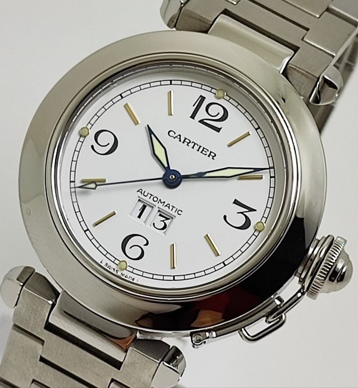 2475 שעון קרטייה פאשה יד 2 סט מלא במצב מצויין אוטומטי ביג דייט יוניסקס 35 מ';';מ | לוח לבן מחוגים כחולים | שנתיים אחריות Cartier Pasha 2475 White Dial Steel Watch