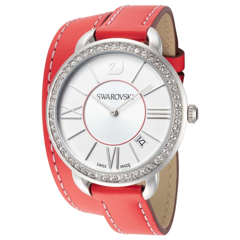 5095942 שעון אופנתי ומעוצב לנשים של סברובסקי שוויץ | באזל משובץ | רצועת עור כפולה מיוחדת אדומה | מלאי מוגבל | Swarovski Women';s Watch Aila Day Double Tour 5095942