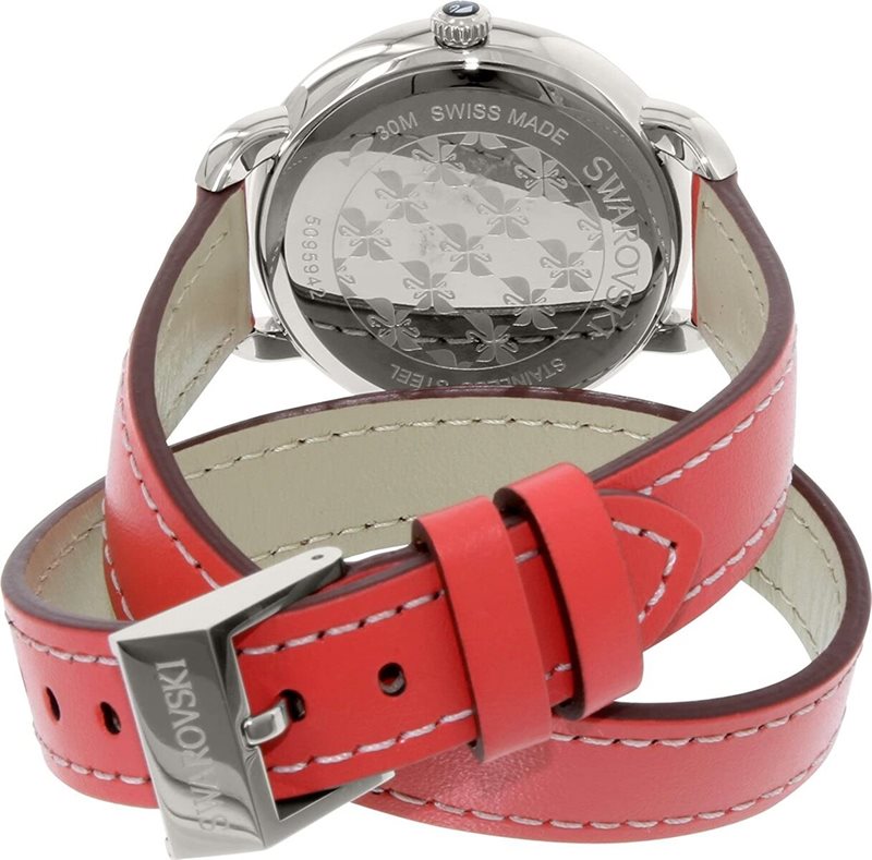 5095942 שעון אופנתי ומעוצב לנשים של סברובסקי שוויץ | באזל משובץ | רצועת עור כפולה מיוחדת אדומה | מלאי מוגבל | Swarovski Women';s Watch Aila Day Double Tour 5095942