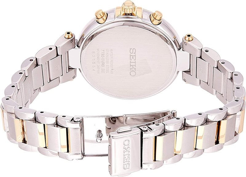 SNDV42 שעון אופנתי לאישה משובץ אבני סברובסקי | דגם גדול כרונוגרף משולב זהב וכסף | לוח יפה עם תאריכון | Seiko Chronograph Crystal Silver Dial Two-tone SNDV42P1