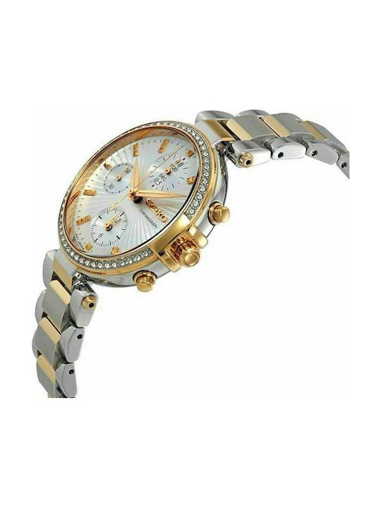 SNDV42 שעון אופנתי לאישה משובץ אבני סברובסקי | דגם גדול כרונוגרף משולב זהב וכסף | לוח יפה עם תאריכון | Seiko Chronograph Crystal Silver Dial Two-tone SNDV42P1