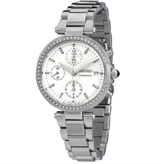 SNDV41 שעון סייקו לנשים | דגם כרונוגרף גדול משובץ אבני סברובסקי| מנגנון יפני איכותי | לוח כסוף עם תאריכון | כולל שנתיים אחריות | Seiko SNDV41P1 Ladies Chronograph Quartz Watch