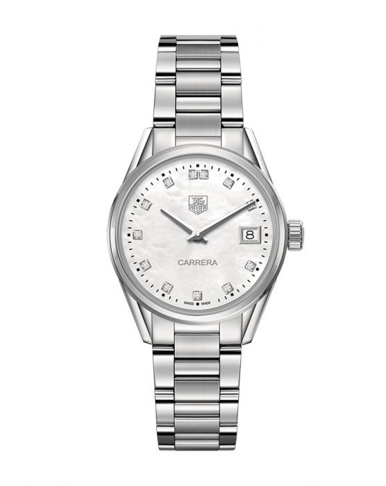 WAR1314.BA0778 שעון יוקרה של טאג הויאר לאישה | דגם בלוח פנינה משובת 12 יהלומים כולל תאריכון | מלאי מוגבל | שנתיים אחריות | TAG Heuer Carrera 32mm Quartz Ladies Watch WAR1314.BA0778