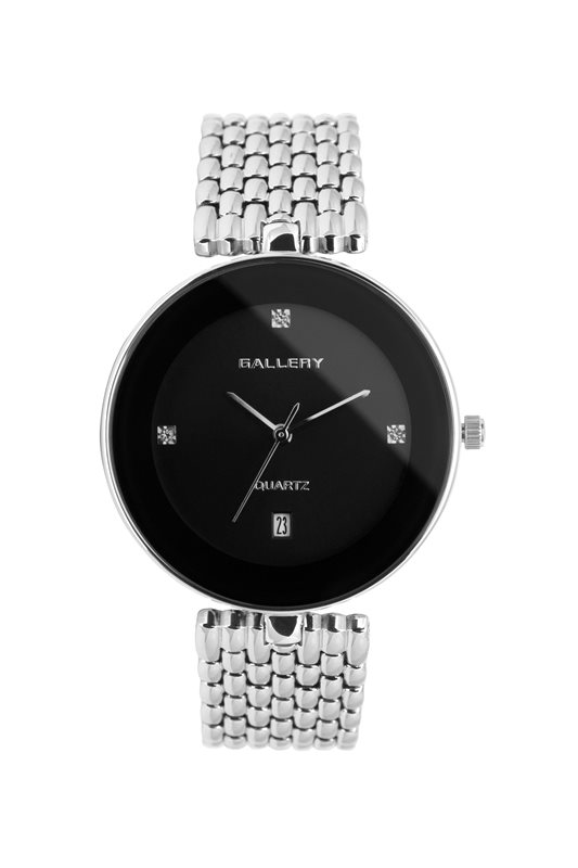 17434-2 שעון גלרי לנשים ברצועת מתכת לוח שחור עם תאריכון משובץ זרקונים | 32 מ';';מ | זכוכית ספיר קריסטל ותאריכון | gallery stainless steel ladies watch 17433-2