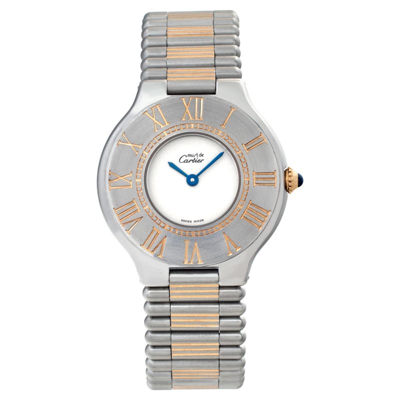 123000 שעון יש של קרטייה מסדרת מאסט יד 2 לנשים 28 מ';';מ רצועה משולבת וזהב 18K | שנה אחריות |Cartier Authentic Ladies Cartier Must de Cartier 21 Steel Gold 123000P Quart