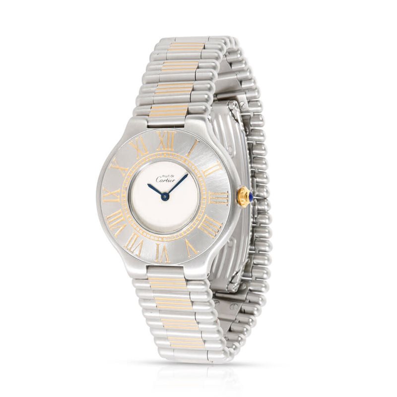 123000 שעון יש של קרטייה מסדרת מאסט יד 2 לנשים 28 מ';';מ רצועה משולבת וזהב 18K | שנה אחריות |Cartier Authentic Ladies Cartier Must de Cartier 21 Steel Gold 123000P Quart