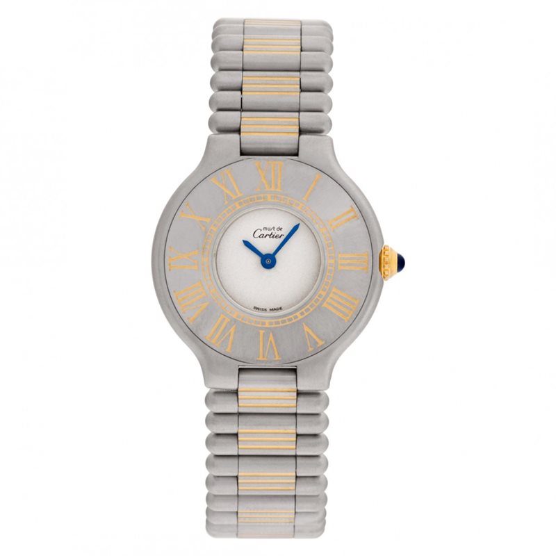 123000 שעון יש של קרטייה מסדרת מאסט יד 2 לנשים 28 מ';';מ רצועה משולבת וזהב 18K | שנה אחריות |Cartier Authentic Ladies Cartier Must de Cartier 21 Steel Gold 123000P Quart