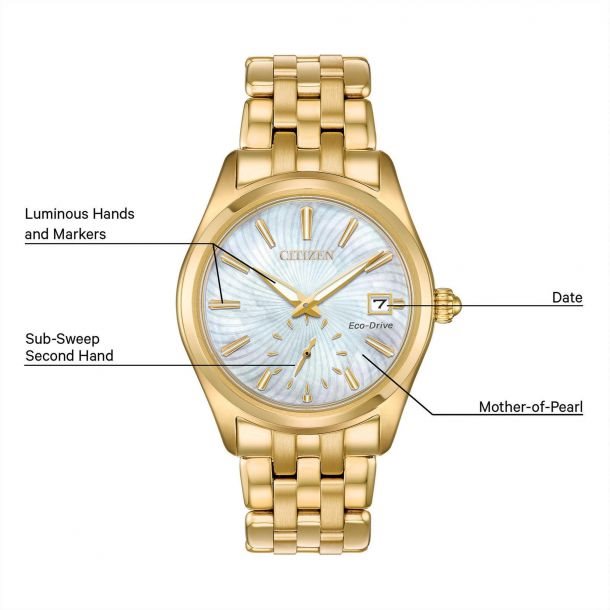 EV1032-51D שעון סיטיזן זהב לאישה בטכנולוגיית אקו דרייב | לוח מיוחד פנינה פסים עם שעון שניות | שעוני אופנה יוקרתיים לנשים | Ladies'; Citizen Eco-Drive Corso Yellow Gold Textured Dial Watch EV1032-51D
