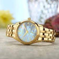 EV1032-51D שעון סיטיזן זהב לאישה בטכנולוגיית אקו דרייב | לוח מיוחד פנינה פסים עם שעון שניות | שעוני אופנה יוקרתיים לנשים | Ladies'; Citizen Eco-Drive Corso Yellow Gold Textured Dial Watch EV1032-51D