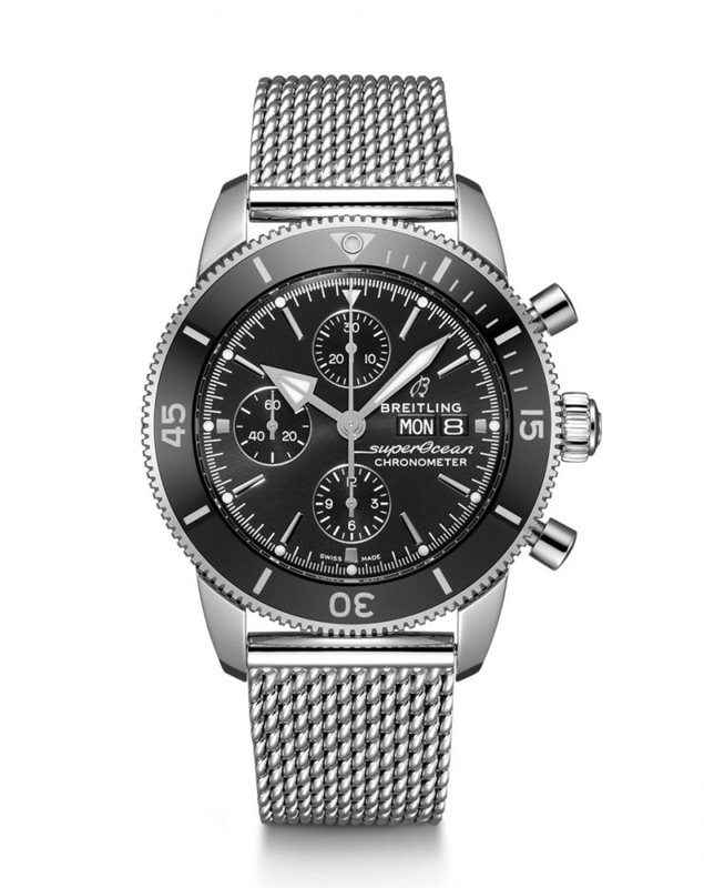 A13313121B1A1 שעון יד ברייטלינג דגם סופר אושן כרונוגרף | לוח שחור רצועת רשת | שנתיים אחריות | Breitling Superocean Heritage II Chronograph Automatic Black Dial Men';s Watch A13313121B1A1