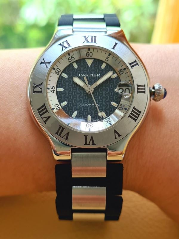 W10147U2 שעון קרטייה יד 2 יוניסקס 37 מ';';מ | דגם אוטומטי בלוח ממותג | רצועת ספורט | שנה אחריות | Cartier Must 21 Autoscaph 2427 Automatic Date W10147U2 SS Watch 37mm