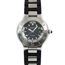 W10147U2 שעון קרטייה יד 2 יוניסקס 37 מ';';מ | דגם אוטומטי בלוח ממותג | רצועת ספורט | שנה אחריות | Cartier Must 21 Autoscaph 2427 Automatic Date W10147U2 SS Watch 37mm