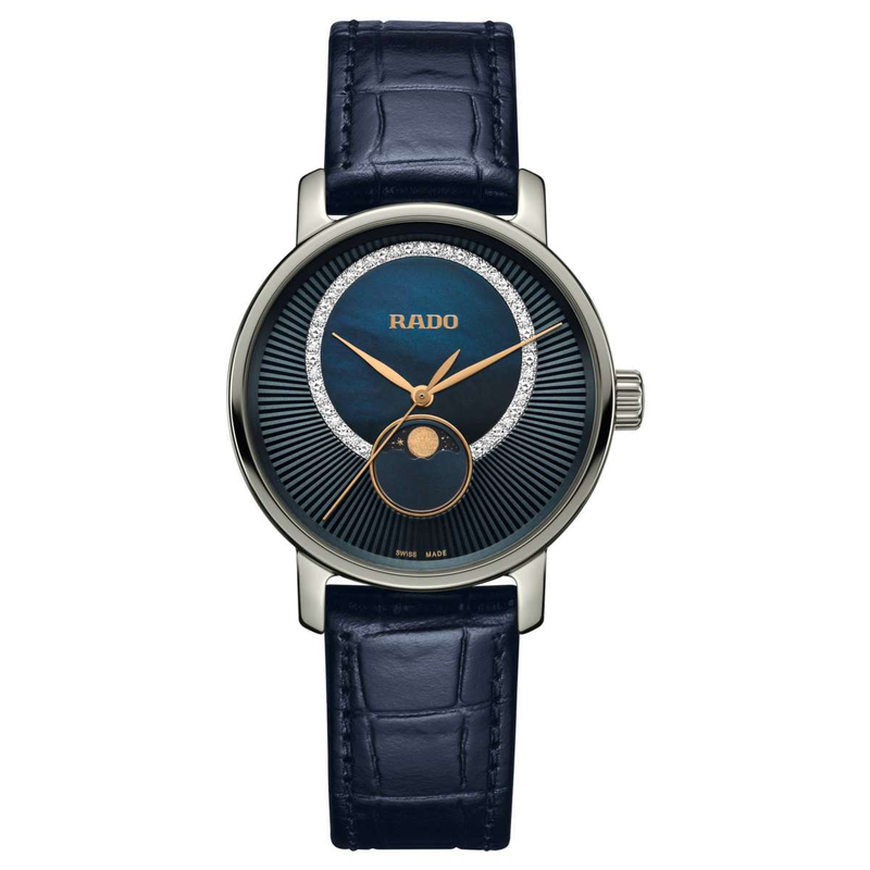 R14055905 שעון יוקרה של ראדו לנשים | דגם מיוחד בלוח כחול עם תצוגת ירח משובץ יהלומים | מלאי מוגבל | שנתיים אחריות | Rado DiaMaster Moonphase Diamonds Watch R14055905