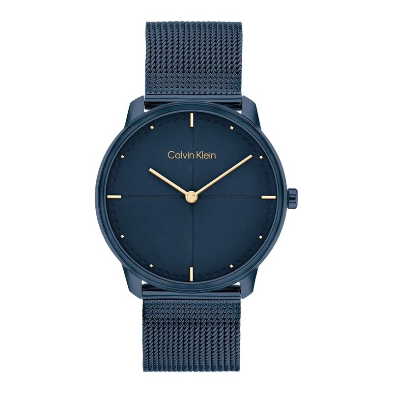 25200160 שעון קלווין קליין כחול לאישה מדגמי 2024 | רצועת רשת אופנתית ומחוגי זהב | שנתיים אחריות | Calvin Klein Quartz Watch Women with Blue Stainless Steel Mesh Bracelet 25200160
