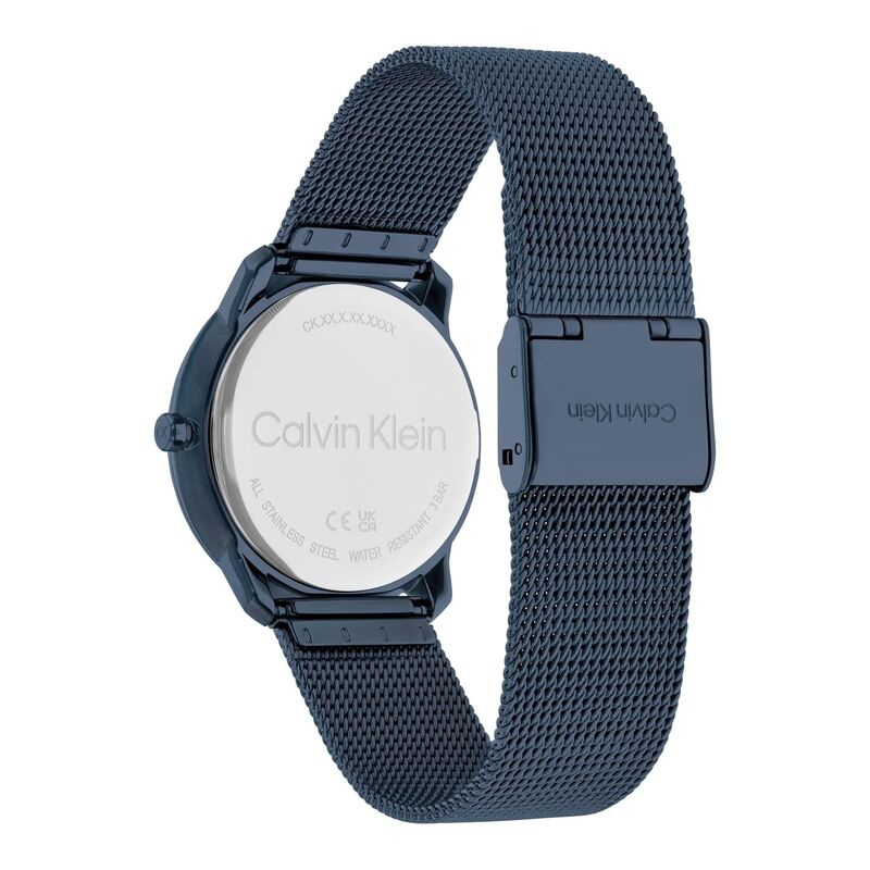 25200160 שעון קלווין קליין כחול לאישה מדגמי 2024 | רצועת רשת אופנתית ומחוגי זהב | שנתיים אחריות | Calvin Klein Quartz Watch Women with Blue Stainless Steel Mesh Bracelet 25200160